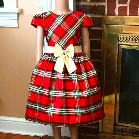 Sweet Charmers Plaid Jacket Dress 6 2 Piece Red & Gold Christmas Velvet Jacket - Picture 2 of 9